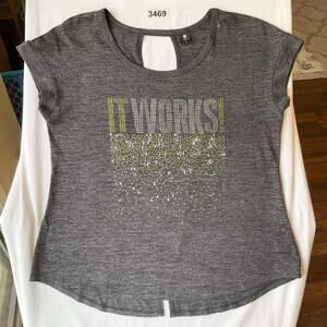 It Works! Women Short Sleeve T-shirt size L, Gray, Rhinestones & Slit Back